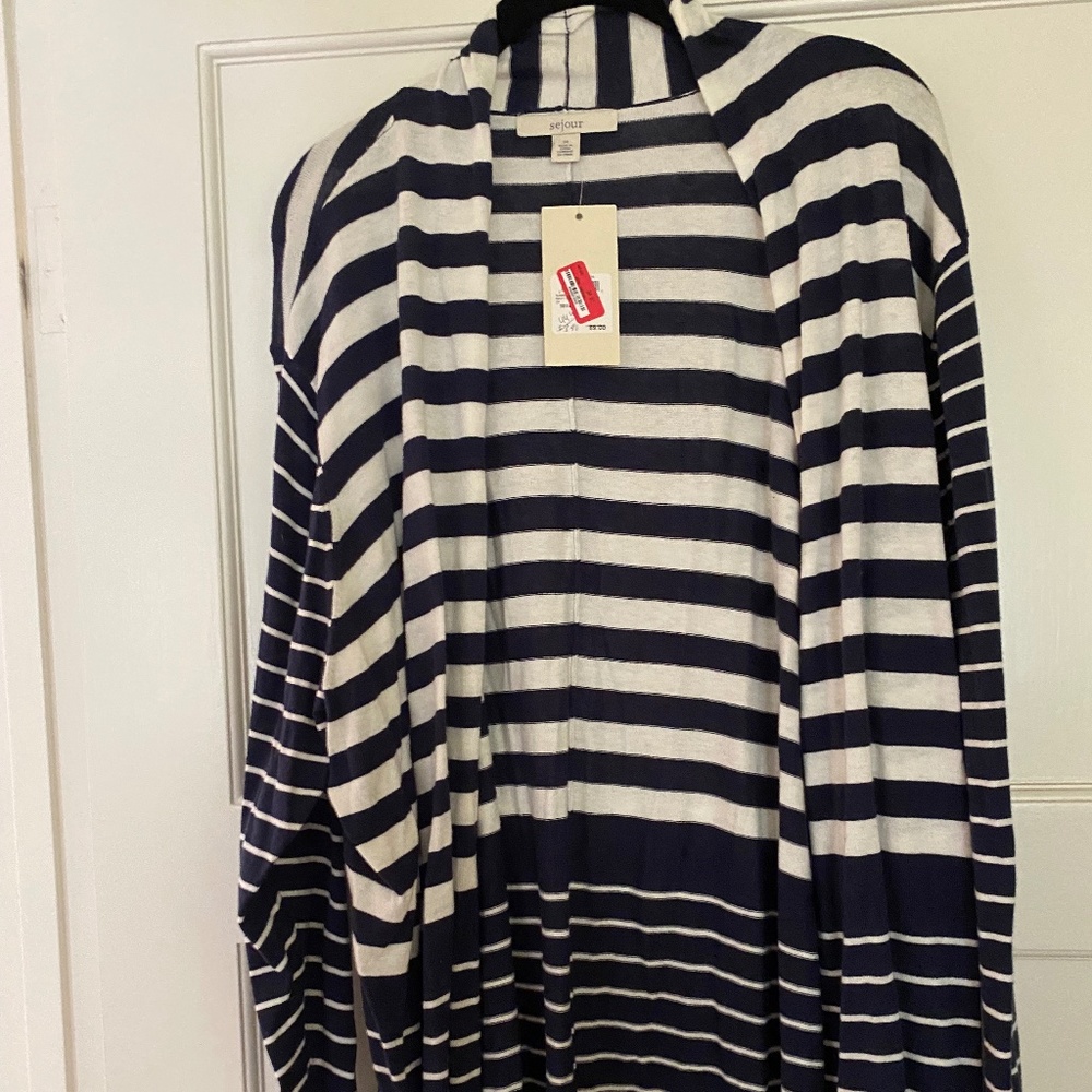 BNWT Sejour striped open cardigan, navy/white, 3X